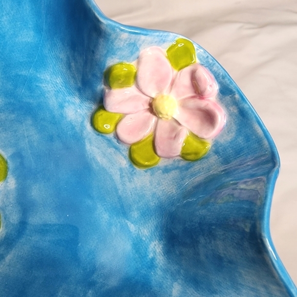 Handmade Ceramic Dish Glazed Blue with Pink Flowers 7" Unique Wavy Edge Bowl - Picture 9 of 14